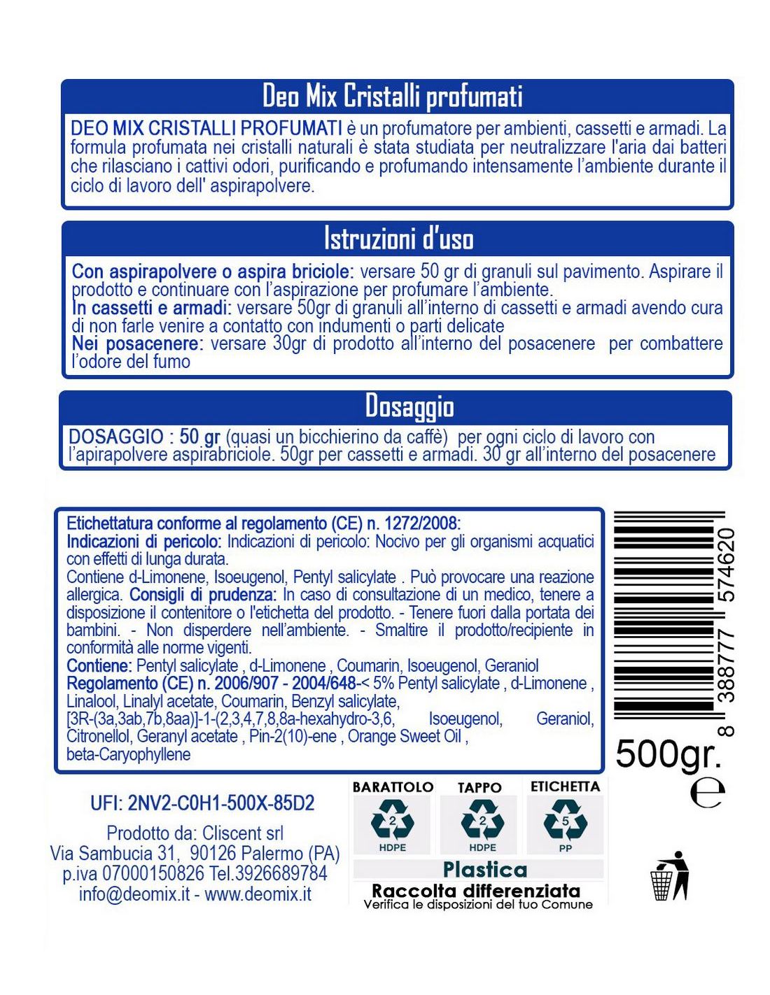 DEO MIX CRISTALLI PROFUMATI PER ASPIRAPOLVERE FELCE E TALCO GR.500
